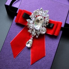Men Wedding Bowknot Velvet Pre-Tied Rhinestone Bow Tie Necktie Ribbon Brooch Red