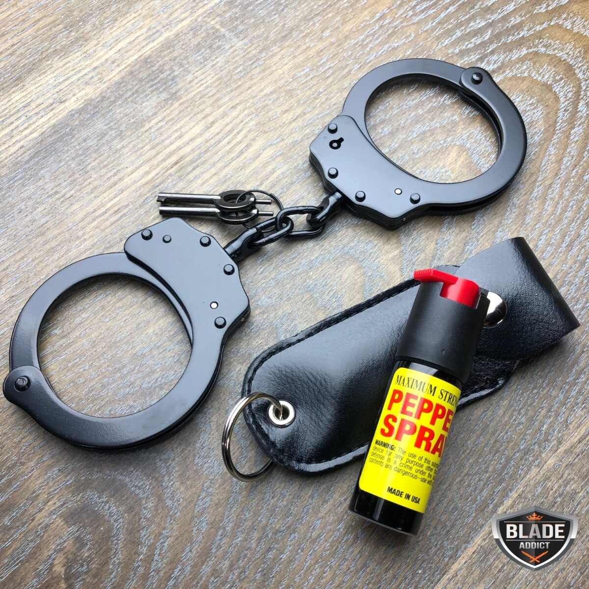 BLACK DOUBLE LOCK NICKEL PLATED HEAVY DUTY STEEL HAND CUFFS +