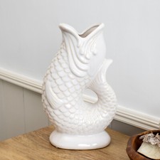 Off White Fish Jug Vase 1.2L Ceramic Table Centerpiece Water Serve Pitcher Decor