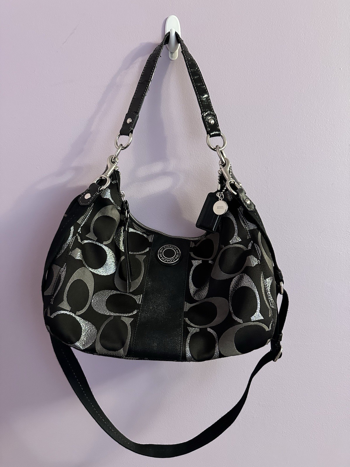 Coach Black/Gray Logo Shoulder Bag Zip Closure Detachable Strap Silver