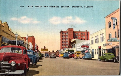 #ad Vintage Sarasota FL Main Street Business Section Linen Postcard 1955 $8.95