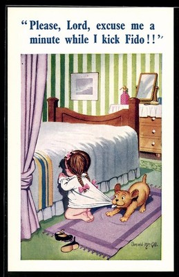 Künstler-AK Donald McGill: Lord excuse me a minute while I kick Fido 