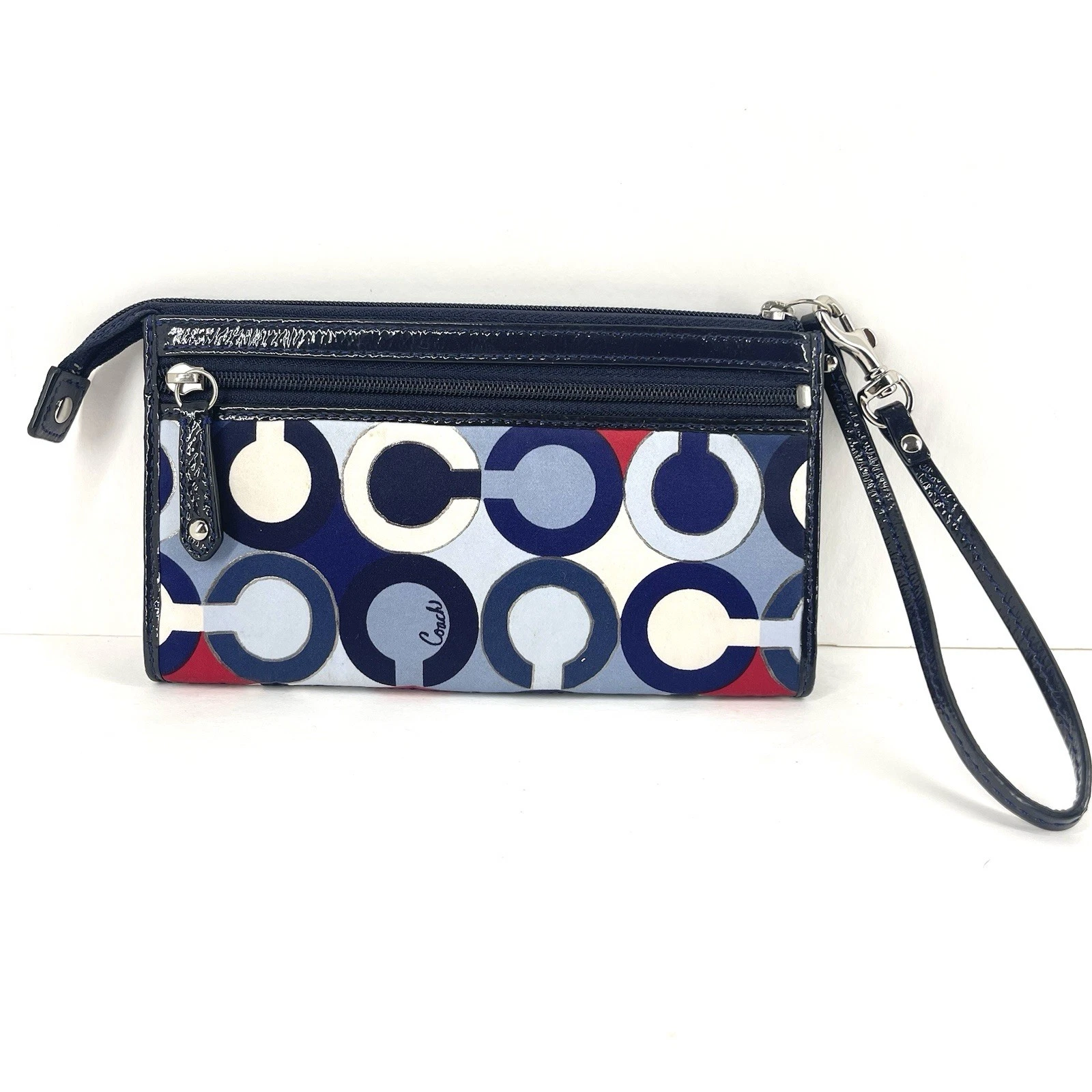 Coach Madison Op Art Portafoglio Doppia Zip Blu Plissettato Portafoglio Y2K Carrozza