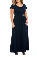Alex Evenings Matte Jersey Pleated Embellished Side Detail Long Gown Navy