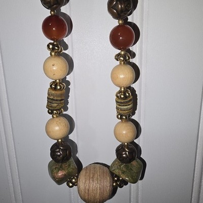 Carol Dauplaise Pendant Necklace Gold Medallion Mixed Media Boho Colorful Vtg