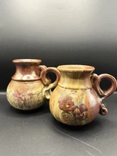 Two Vintage Studio Art Handled Jugs/Vases With Hand Painted Fuchsias Drip Glaze