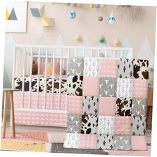 3 Piece Patchwork Western Crib Bedding Set for Boys Girls Cow Cactus Cowgirls