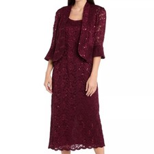 NWT R M Richards Merlot Lace Sequin 2 Piece Dress Set Jacket Size 16 Formal MOTB