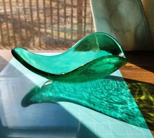 Blenko # 537 Freeform Dish Green Emerald Bowl Art Glass MCM Vintage 1953 Heavy