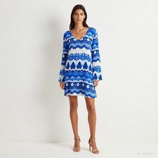 Boho Artsy Mini Dress Blue White Tie Dye Viscose Shift V-Neck Long Sleeve S