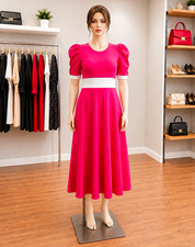 Women s Pink/White Puff Sleeve A-Line Midi Dr...