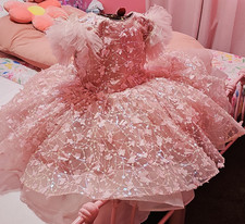 Pink Floral Tulle Girls' Dress, Sequin Bow, Sleeveless, Princess, Size 8