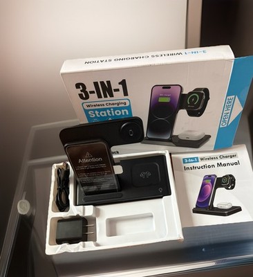 3-in-1 Wireless Qi Charging Station w/ Power Adapter Phone, Smart Watch, AirPods