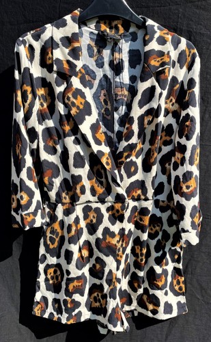 NEW Love & Other Things L UK 12 14 Playsuit Animal Print 3/4 Sleeve Cream Black - Picture 10 of 12