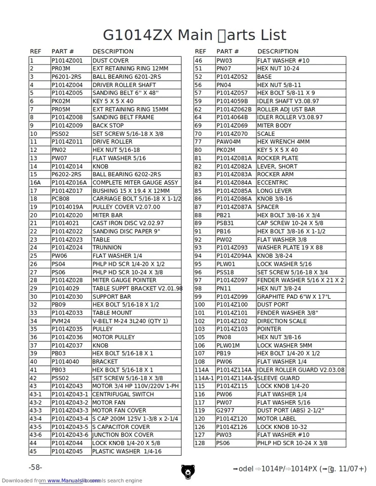 从精选的原始设备制造商替换部件中选择适用于 Grizzly G1014ZX 皮带砂光机 — 第 3/4 张图片