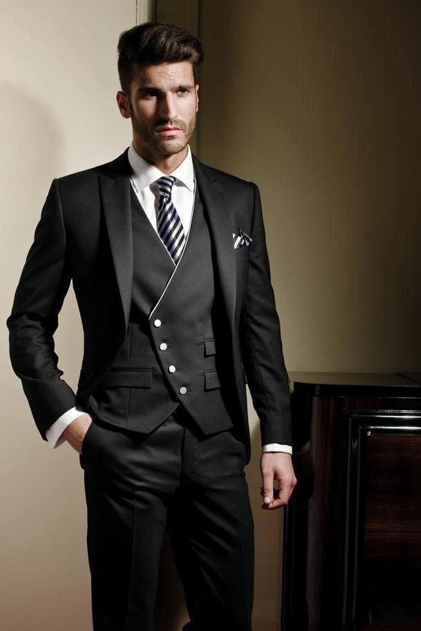 Black Men Suit 3 Piece Slim Fit Peak Lapel Party Prom Groom Tuxedo Wedding  Suits