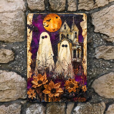 Haunted Ghost Metal Sign - Spooky Halloween Wall Art - Gothic Home Decor 8x12