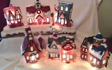 Christmas Holiday Winter Village 3 Buildings on base Lights for an Evening Glow