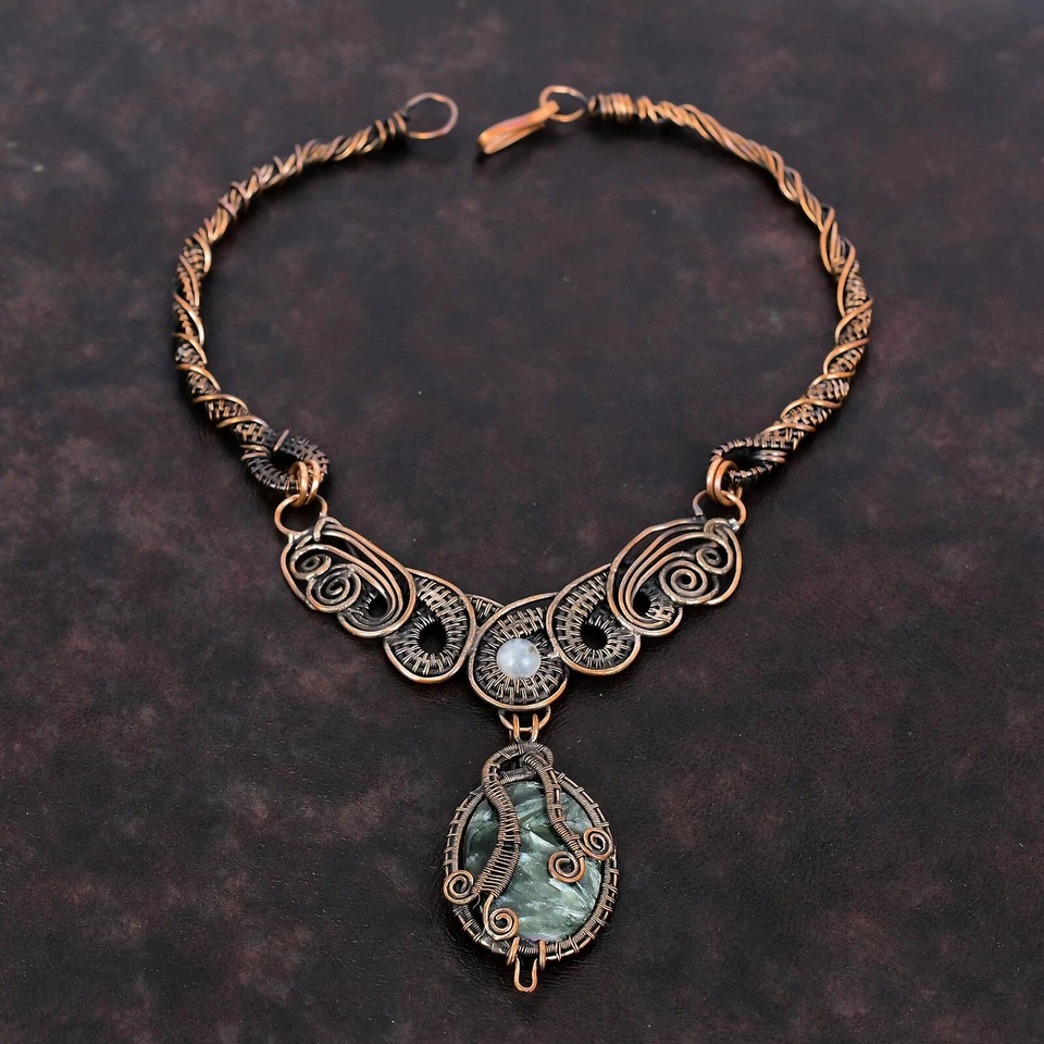 Collar de cadena envuelto en alambre de piedras preciosas de serafinita joyería de cobre para mujer 18,0" Foto 2 de 4