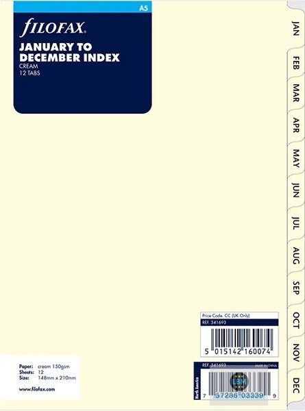 Filofax A5 size January to December Index Cream Divider Organiser Refill 341693