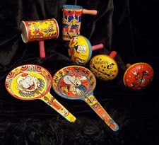 Vintage US Metal Toy Tin Noisemakers New Years Eve Clowns Pinup Party Lot of 7
