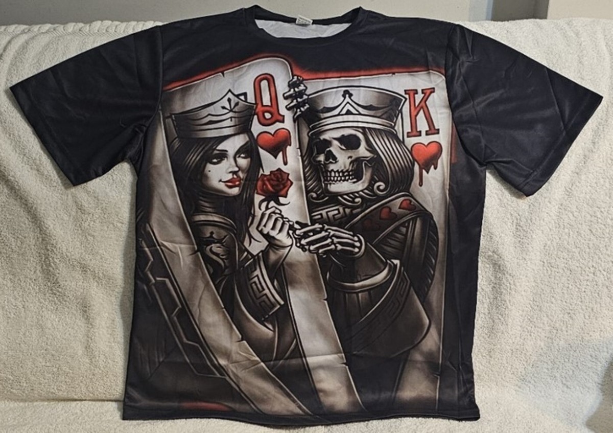 SKELETON LADY KING QUEEN HEARTS CARD ROSE FLOWER SKULL HORROR T