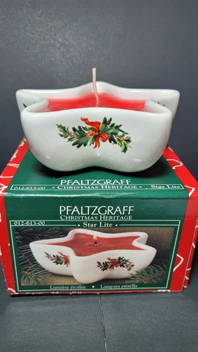 Pfaltzgraff Christmas Heritage Holly White Star red candle Votive With Box