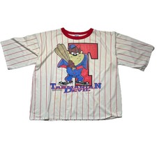 Vintage Looney Tunes Tasmanian Devil Baseball T-Shirt Pinstripe White Red Sz L