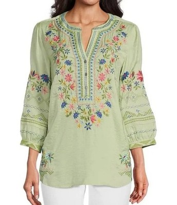 John Mark 3X EMBROIDERED BUTTON-UP TUNIC WITH PRINTED BACK - PLUS