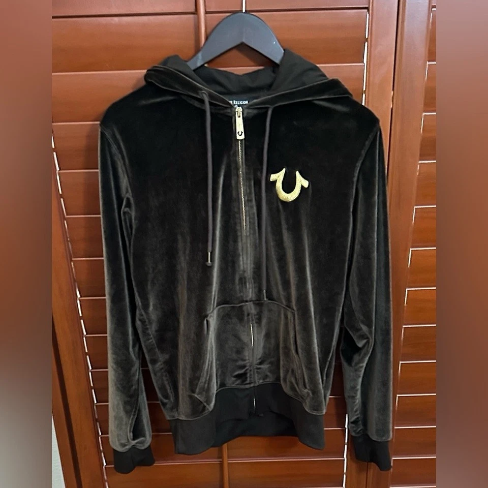 Women's True Religion Brown Velour Full Zip Hoodie Jacket Stitched Logo size Med - Image 3 of 4