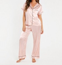 Juicy Couture Pink Satin Pajama Set Women's Medium Script Print Button Front PJ
