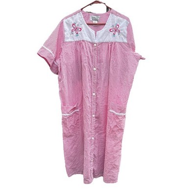 XL Seersucker Gown Duster House Dress Robe Butterfly Embroidery Easy Essentials