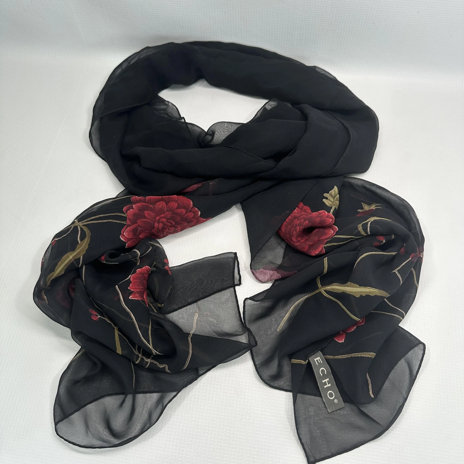 Echo Scarf Womens One Size Black Silk Chiffon Floral Print Rectangle Long