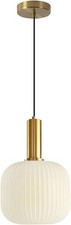 Milk Glass Pendant Light White Ribbed Globe Shade Brushed Gold Modern Hard