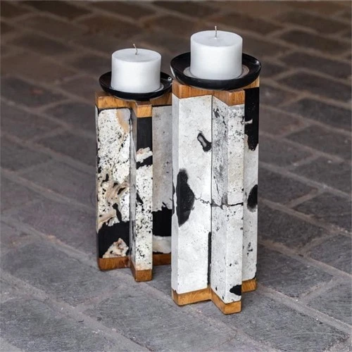 Uttermost Illini Wood Stone and Resin Candleholder in White and Black (Set of 2) - Picture 3 of 4