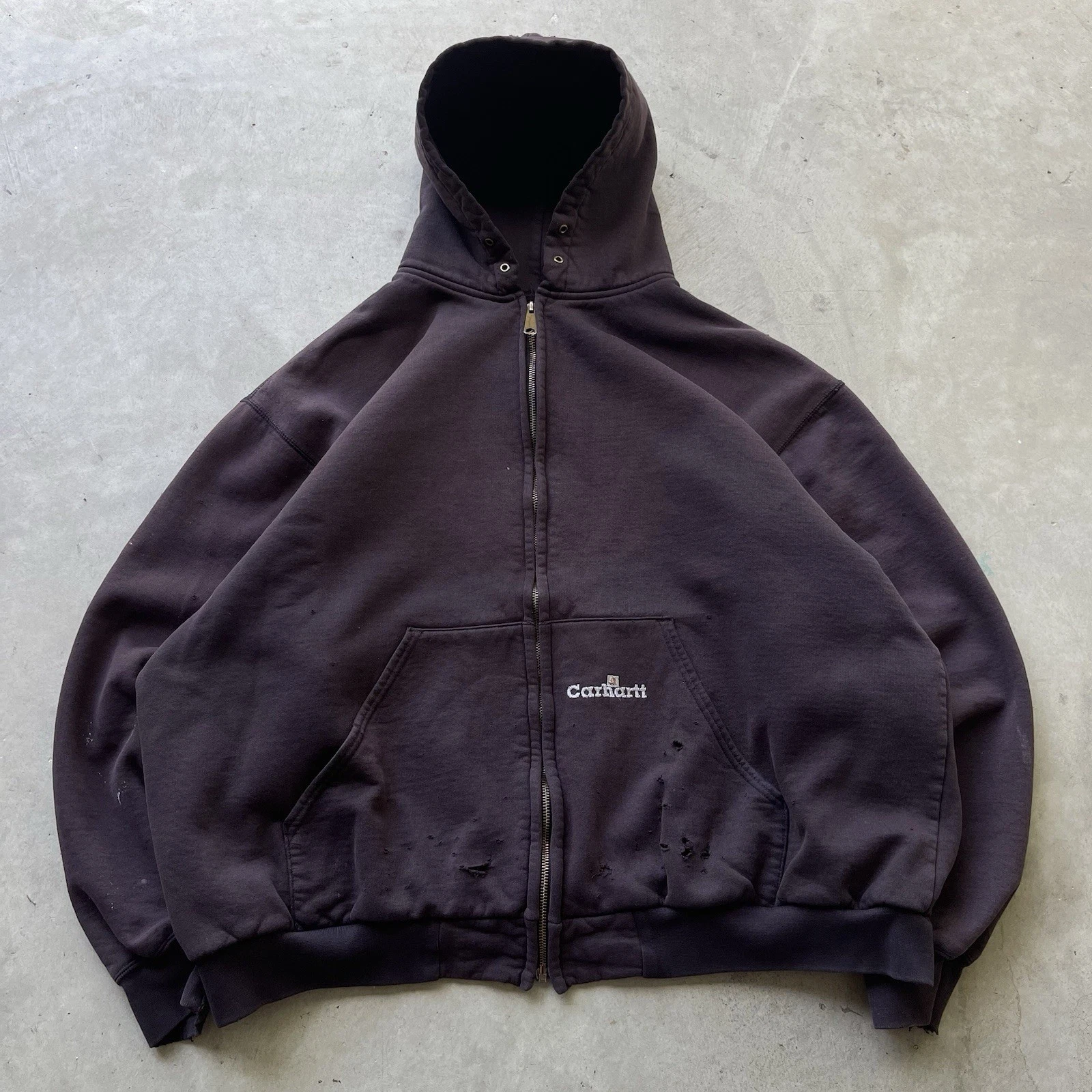 Vtg Carhartt Hoodie Brown Thermal Waffle Lined Sun Fade Vintage Zip Up Jacket