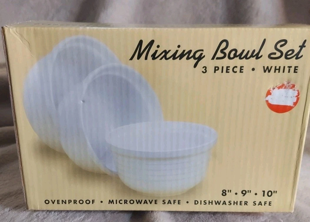 3-piece white mixing bowl set featuring bowls with 8", 9", 10"
Opens in a new window or tab