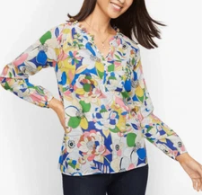 Talbots Blouse Large Ruffle Trim Popover Top Colorful Floral Cotton Long Sleeve