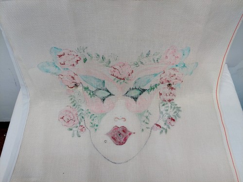 Vintage Handpainted Needlepoint Canvas Masquerade Mardi Gras Mask 15x15 w/Floss - Picture 9 of 11