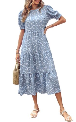 Womens Boho Short Sleeve Summer Print Dress Ladies Beach Casual Midi Sundresses