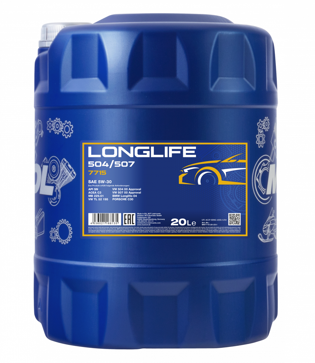 MANNOL 7715 5W30 FULLY SYNTHETIC LONGLIFE 504/507 CAR ENGINE OIL - 20L