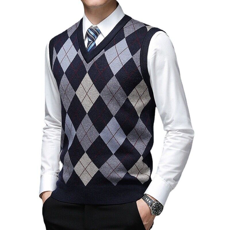 Men Knitted Vest Jacquard Argyle Sleeveless Pullover Jumper Men Knitted Vest Jacquard Argyle Sleeveless Pullover Jumper