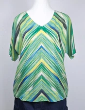 CHICOS Short Sleeve V Neck Shirt Womens Green Striped Sequined Blouse Size 1