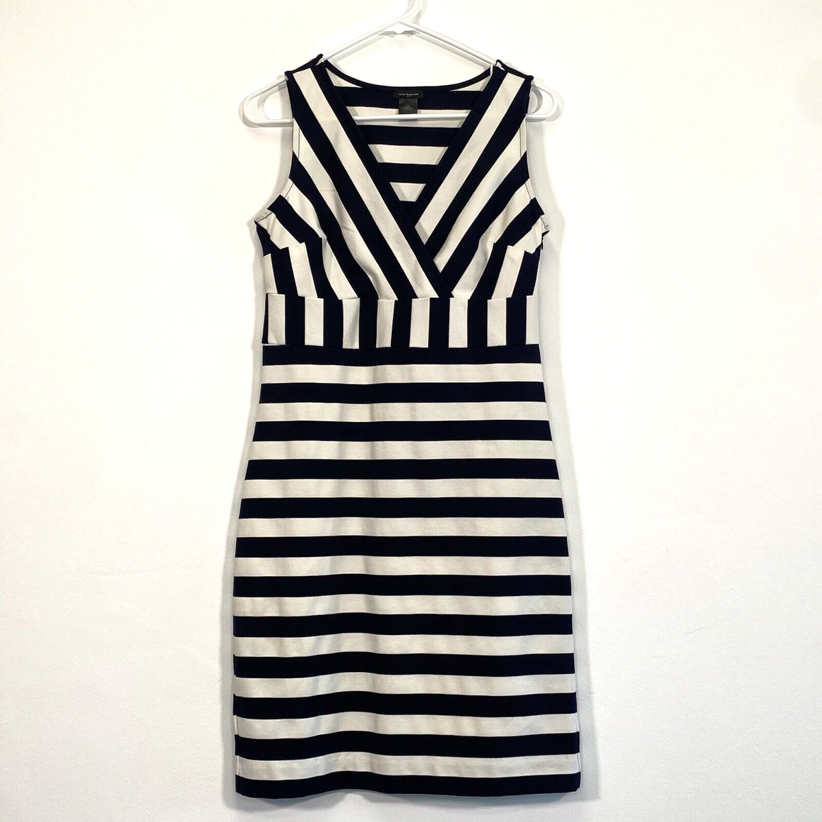 Ann Taylor Dress Small Blue White Striped Dress Sleeveless Sheath Party