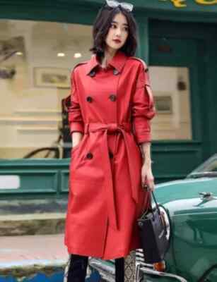 Women's Trench Coat Genuine Soft Lambskin Leather Stylish Red Stylish Handmade