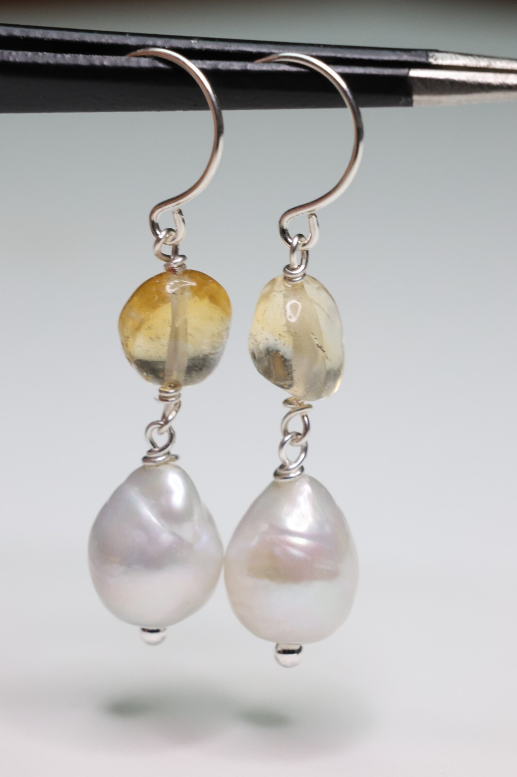 Boucles d'oreilles argent perles de culture et citrine fine haut de gamme