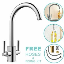 Kitchen Modern Mono Sink Mixer Tap Twin Lever Chrome Brushed Swivel Spout Faucet