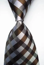 New Classic Checks Brown White JACQUARD WOVEN 100% Silk Men's Tie Necktie