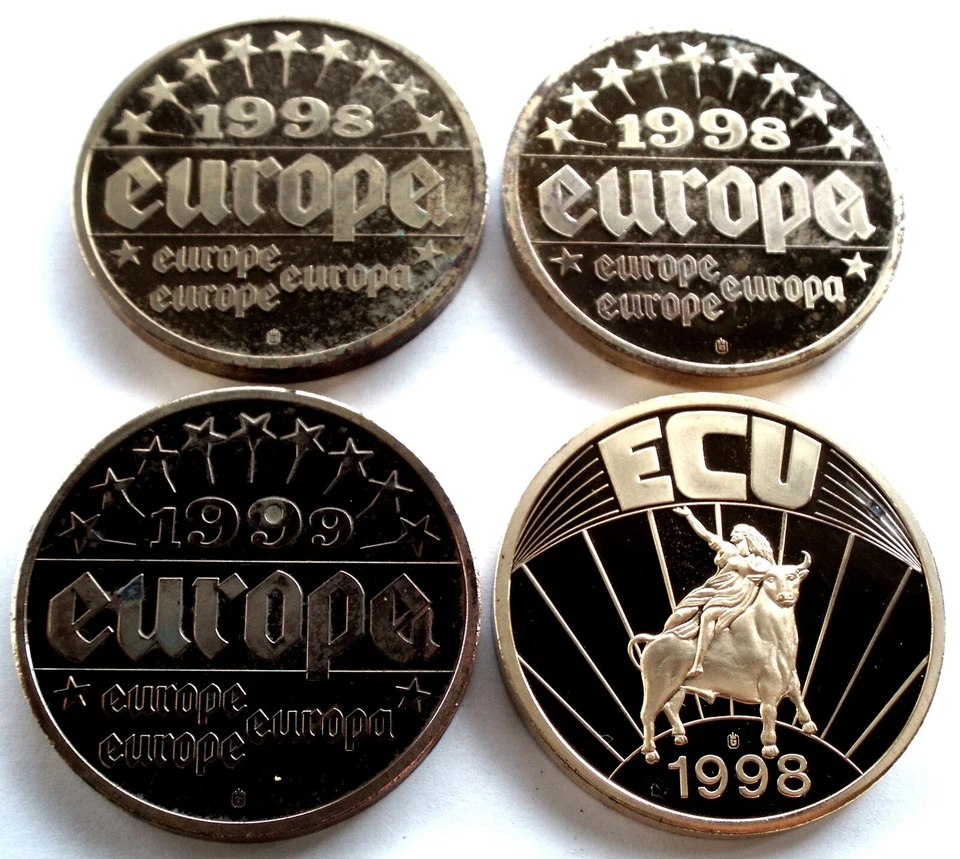 AUSTRIA 4 COLOURED EUROPE-ECU 1998-99 Proof Medals 40mm 33g Gold plated B8 - Image 2 of 4