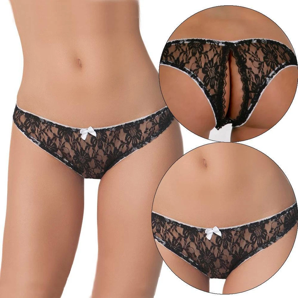 Women's Lace Panties Crotchless Underwear Thongs Lingerie G-string Floral Briefs - Image 3 of 4